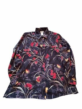 Vintage Bonworth Black Silky Button up Blouse-Flowers,Plants,Butterflies-Medium